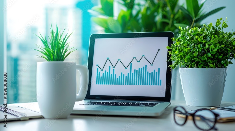 Poster digital workspace with laptop showing growth graph and plants creating a productive environment.