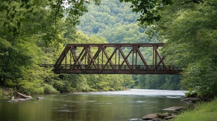 Fototapeta premium Rustic iron bridge spanning a calm river, nestled within a lush green forest.