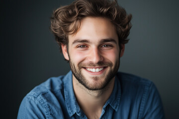 Obraz premium Portrait of a Young Male with a Bright Smile on a Solid Background