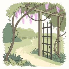 Obraz premium A vibrant cartoon illustration of a garden featuring a blooming wisteria tree surrounded by colorful flowers and greenery.