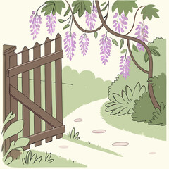 A vibrant cartoon illustration of a garden featuring a blooming wisteria tree surrounded by colorful flowers and greenery.