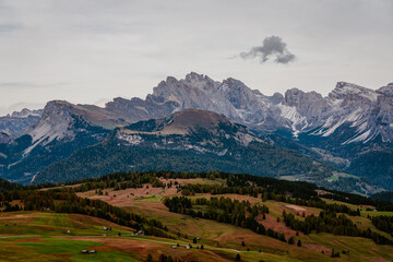 View of the Seiser Alm, the largest high alpine pasture in Europe in Italy.