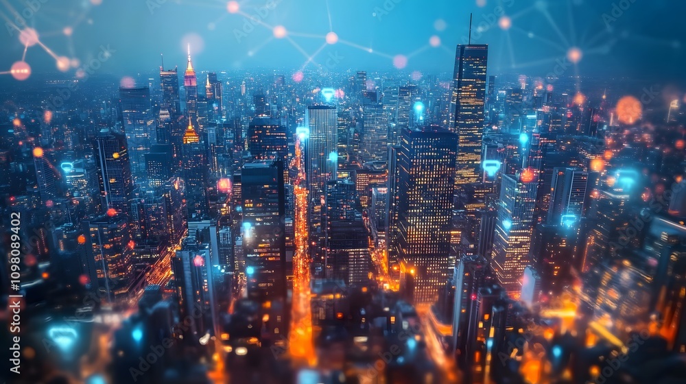 Poster a cityscape with a lot of lights and a lot of dots. the dots are connected to each other and to the 