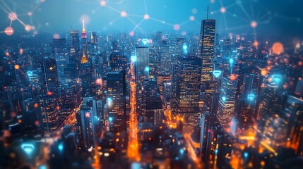 Fototapeta premium A cityscape with a lot of lights and a lot of dots. The dots are connected to each other and to the buildings. The city is lit up at night