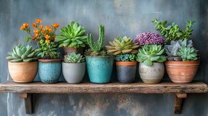 Vibrant succulents and blooming flowers are displayed in various pots and containers on a rustic wooden shelf against a suitable backdrop