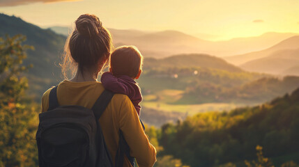 Fototapeta premium Mother and child enjoying a serene sunset with a breathtaking mountain backdrop