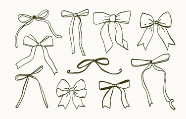 Set of hand drawn bows. Vintage line art ribbon gift. Cute coquette wedding trendy bow sketch. Vector outline illustration
