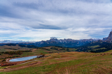 View of the Seiser Alm, the largest high alpine pasture in Europe in Italy.