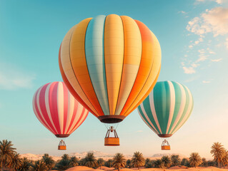 Obraz premium Colorful hot air balloons above a desert landscape.