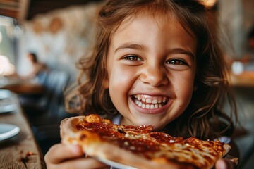 Naklejka premium Laughter and pizza slices among kids