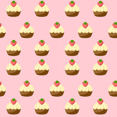 Strawberry cupcake cartoon so cute. On pink background.  Pattern seamless vector illustration. 
