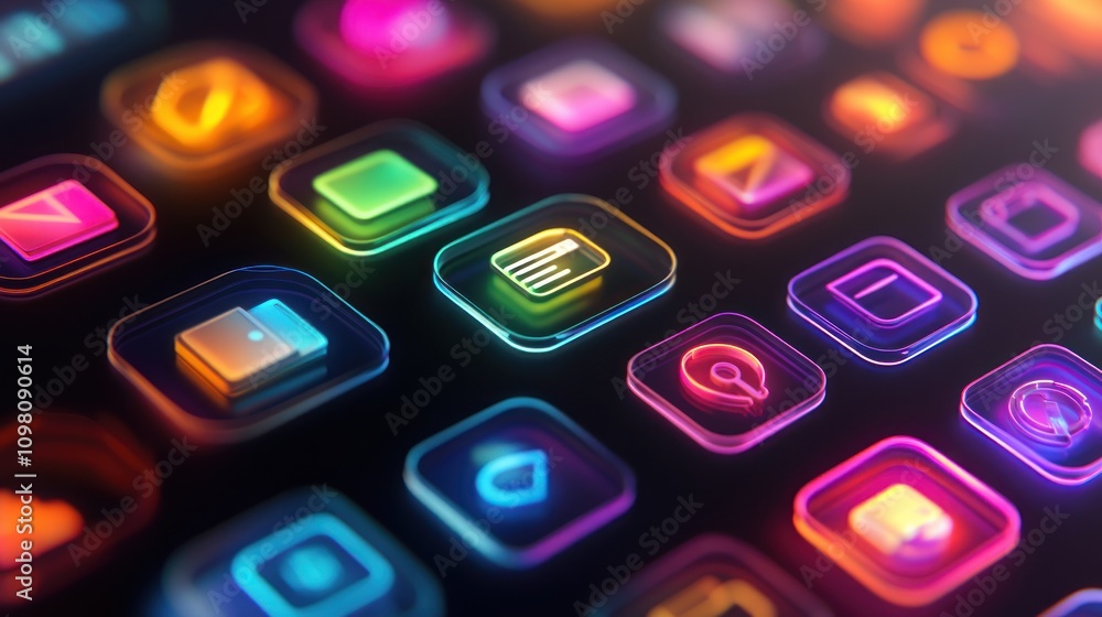 Poster neon glowing app icons digital interface design