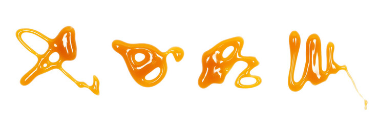 Dessert sauce, set caramel flavored topping isolated on white