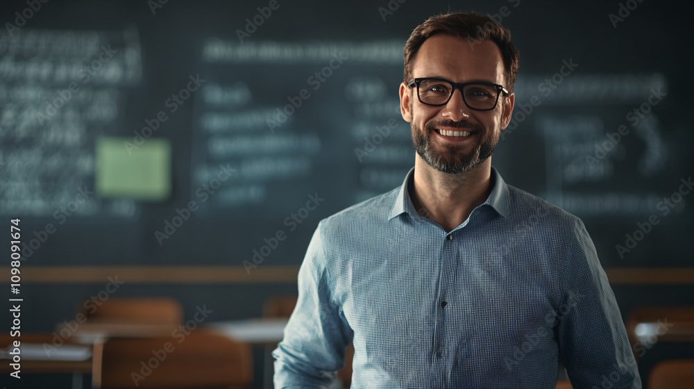 Poster smiling teacher posing in a classroom with a blackboard filled with math formulas in the background