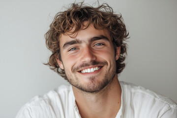 Obraz premium Portrait of a Young Male with a Bright Smile on a Solid Background