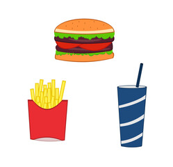illustration of fast food. hamburger, soda drink, and fries.