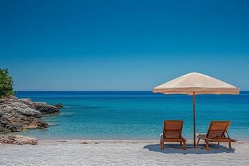 Serene Beach Holiday Wooden Loungers, Rocky Shore, Blue Sky