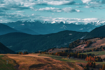 View of the Seiser Alm, the largest high alpine pasture in Europe in Italy.