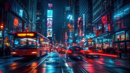 Obraz premium Vibrant city street at night.