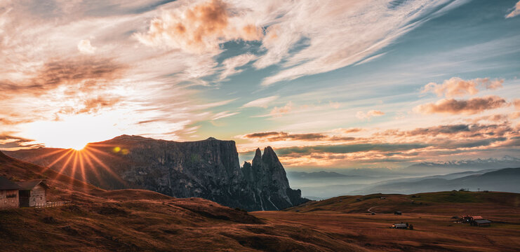 Panoramic view of the Schlern a mountain in the South Tyrolean Dolomites in Italy.