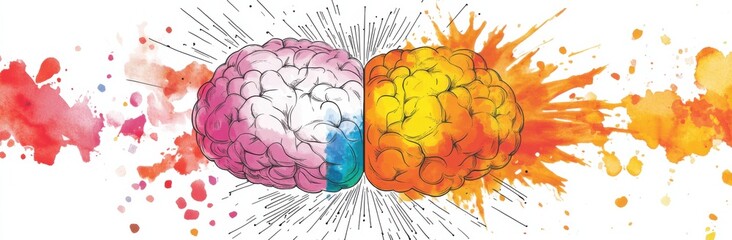 Concept of the human brain's left and right sides, representing creativity and logic, with social and business doodles.