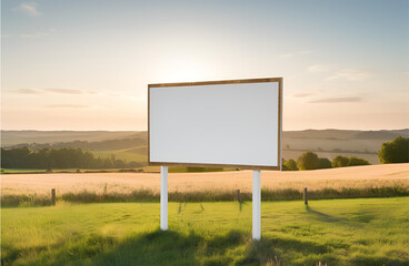 An empty white billboard mounted on a wooden pole with a soft focus background, ideal for advertising mockups