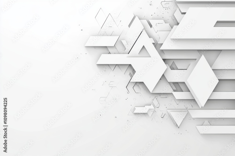 Poster grey and white triangle shapes create an abstract geometric background.