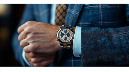 A refined gentleman checks the time on his elegant watch while dressed in a stylish navy blue suit at a sophisticated event