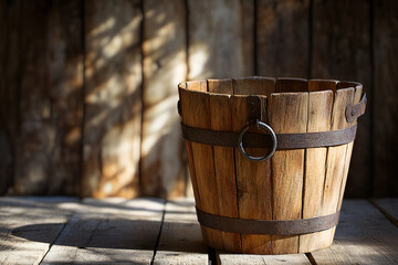 Fototapeta premium Traditional wooden water bucket with rustic iron rings on a blurred countryside background