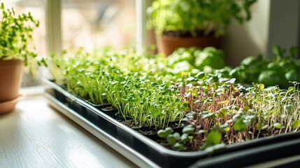 A tray of vibrant microgreens growing in a kitchen, ready to be harvested.