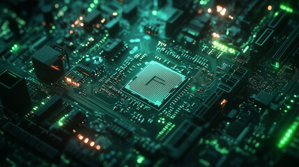 Obraz premium Exploring the intricate details of a green-lit circuit board filled with glowing connections and microcomponents in a tech environment
