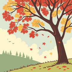 Autumn tree on a hill, adorned with vibrant leaves in shades of orange, red, and yellow, capturing the essence of fall.