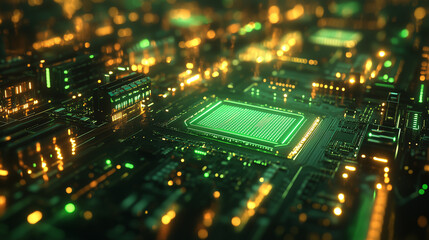 Obraz premium Exploring the intricate details of a green-lit circuit board filled with glowing connections and microcomponents in a tech environment