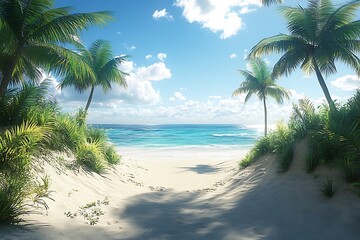 Fototapeta premium Sunlit Caribbean Beach Pathway Serene Ocean View Getaway