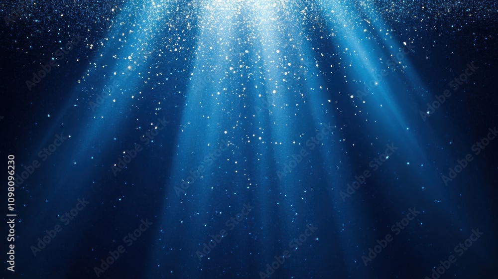Poster an abstract digital background in deep blue with sparkling light particles and areas of deep depths.