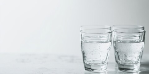 Three glasses of water on a white surface.