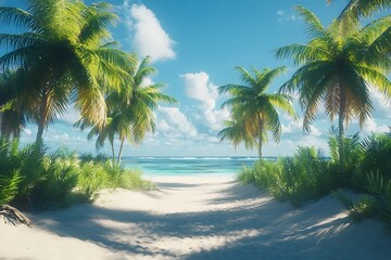 Fototapeta premium Tranquil Beach Escape Azure Waters, Sandy Path