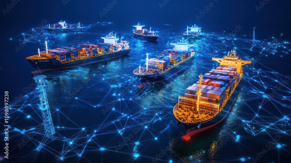 Poster a digital visualization of cargo ships connected through a network, symbolizing modern logistics.