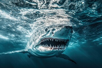 Naklejka premium Bottom view of an ocean shark. Open toothy dangerous mouth with many teeth. Underwater blue sea waves, 