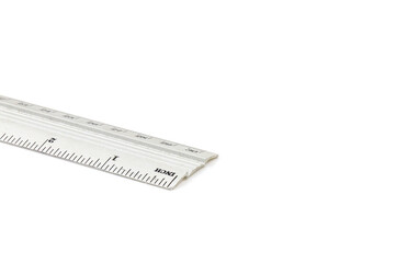 Stainless metal rulers on white background.