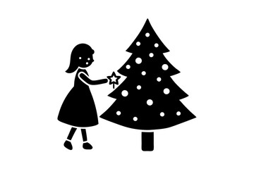 Fototapeta premium A cute girl decorates Christmas tree silhouette vector illustration