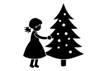 Fototapeta premium A cute girl decorates Christmas tree silhouette vector illustration