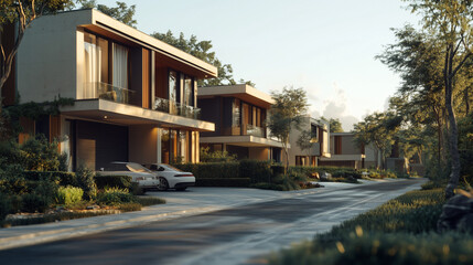 Obraz premium Contemporary luxury homes line a peaceful street at sunset, showcasing modern architecture and lush landscaping in a serene neighborhood