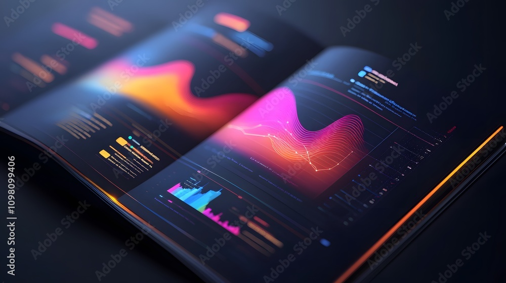 Poster a futuristic design of a booklet with 3d visualization charts floating above its spread pages.