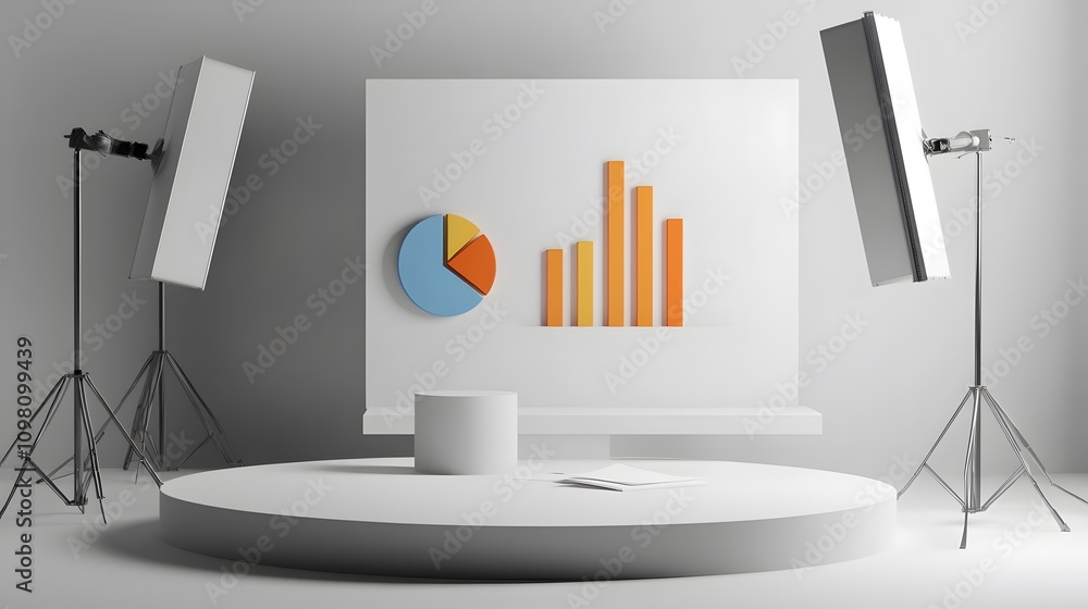 Poster a minimalist studio setup featuring a booklet with dynamic 3d bar and pie charts projecting outward.