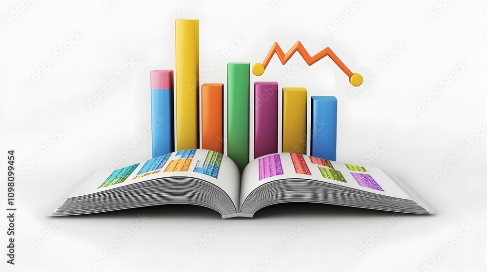 Aufkleber an open booklet on a clean white background with 3d stacked graphs hovering from its content.