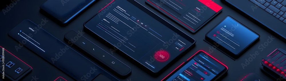 Poster dark tech devices displaying futuristic interfaces
