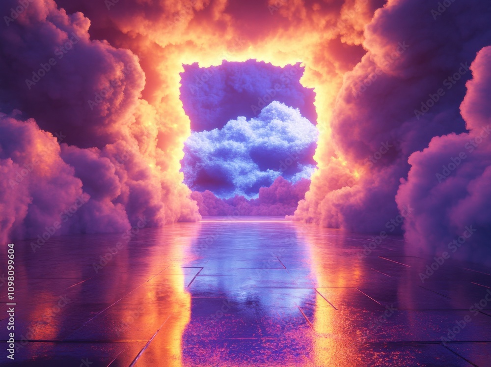Poster an abstract virtual reality background with a 3d render of glowing lines creating a tunnel, neon lig