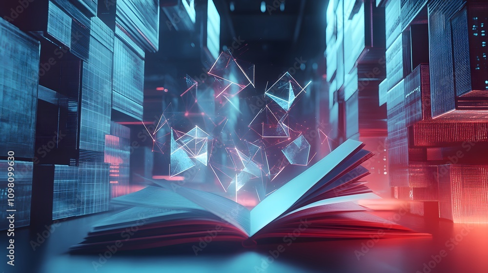 Poster a futuristic setup featuring a booklet with geometric 3d charts emerging from its central fold.