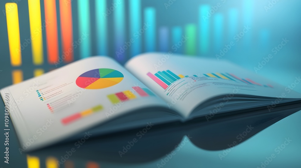 Poster a booklet open on a polished surface with 3d bar and pie charts seemingly projecting out.